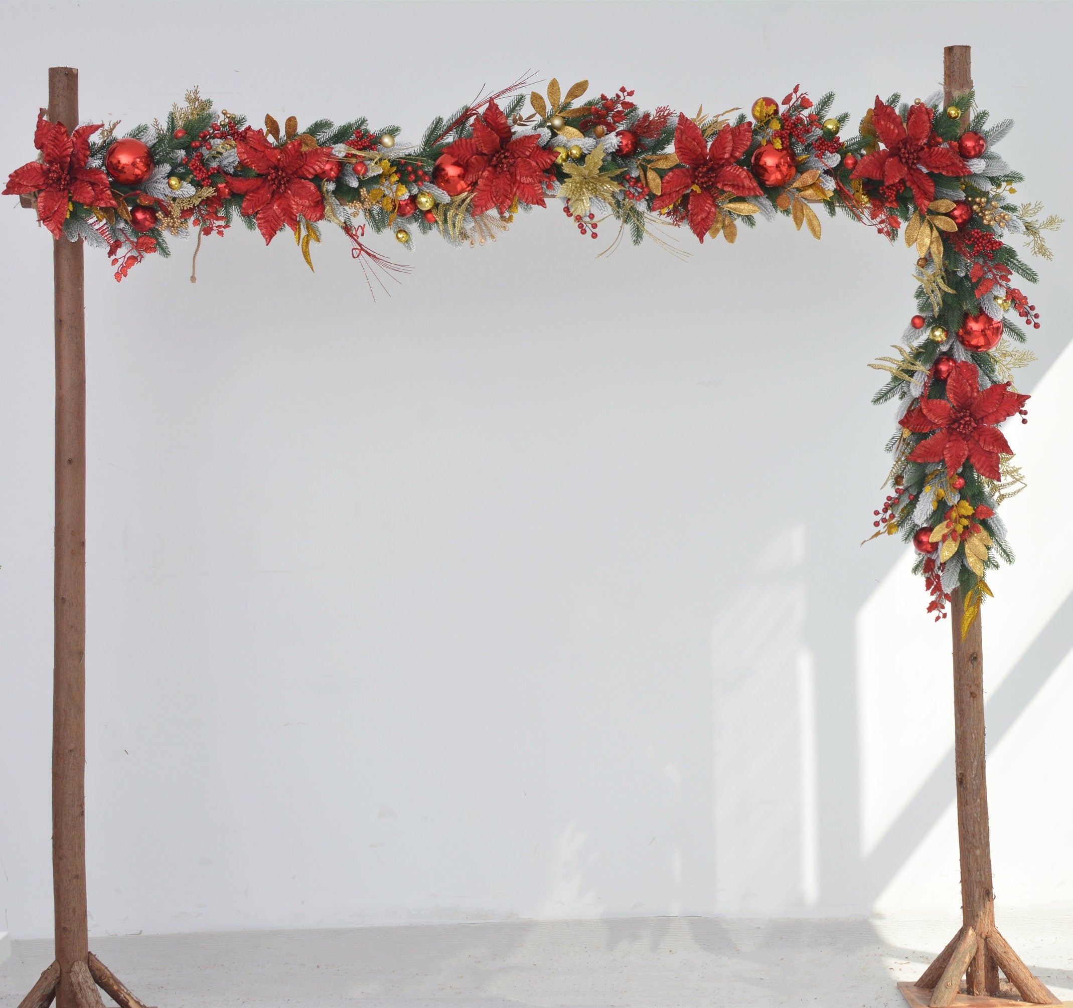 9FT Christmas Pine Garland with Red Poinsettias, Gold Leaves, Holly Berries, and Decor Balls