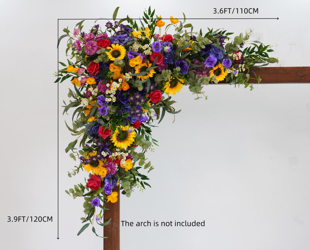 Sunflower Wedding Arch Arrangement: Purple Lisianthus, Crimson Roses