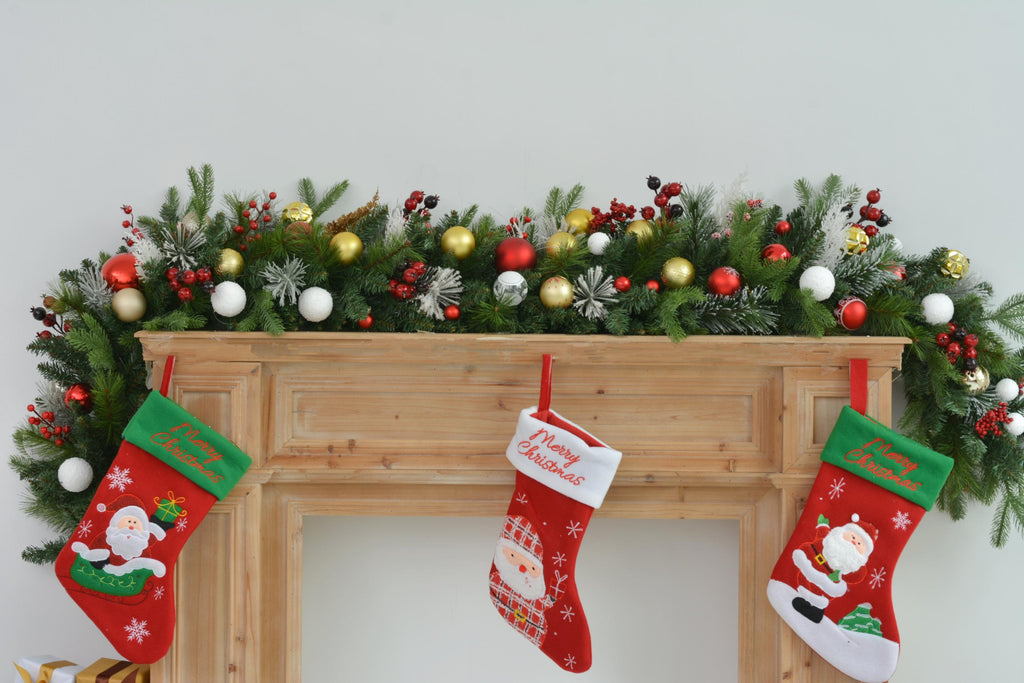 6FT Lush Christmas Mantel Garland with Red, Gold, and White Ornaments  Ideal for Mantel and Holiday Displays