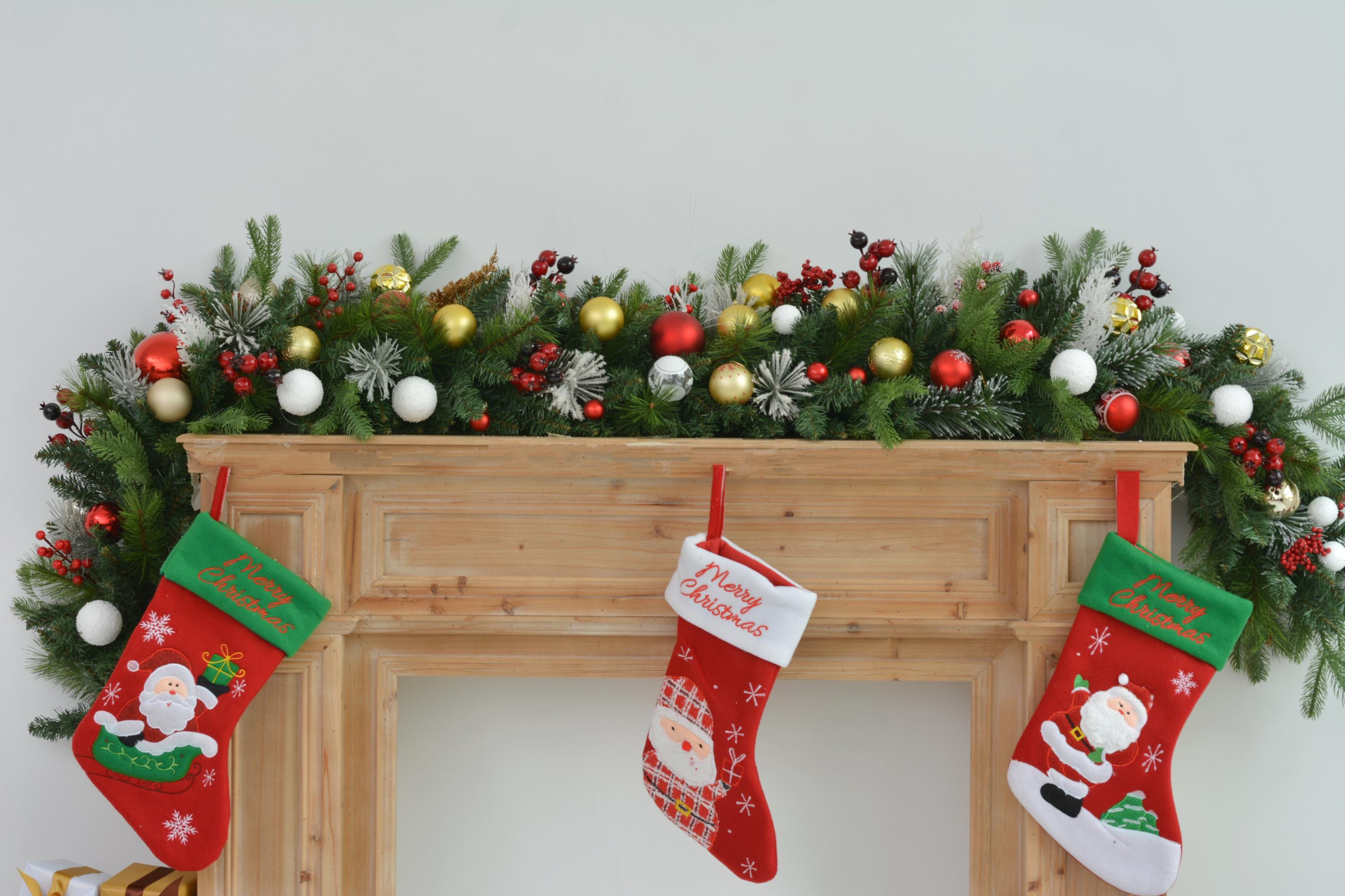 6FT Lush Christmas Mantel Garland with Red, Gold, and White Ornaments  Ideal for Mantel and Holiday Displays