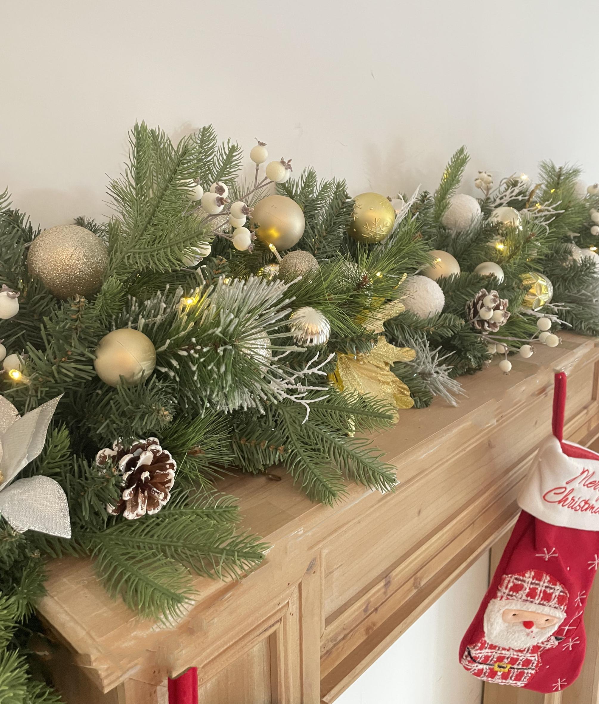 Classic 6ft Christmas Garland with Pine Cones, Ornaments, and Frosted Greenery Perfect for Fireplace Mantel Decoration