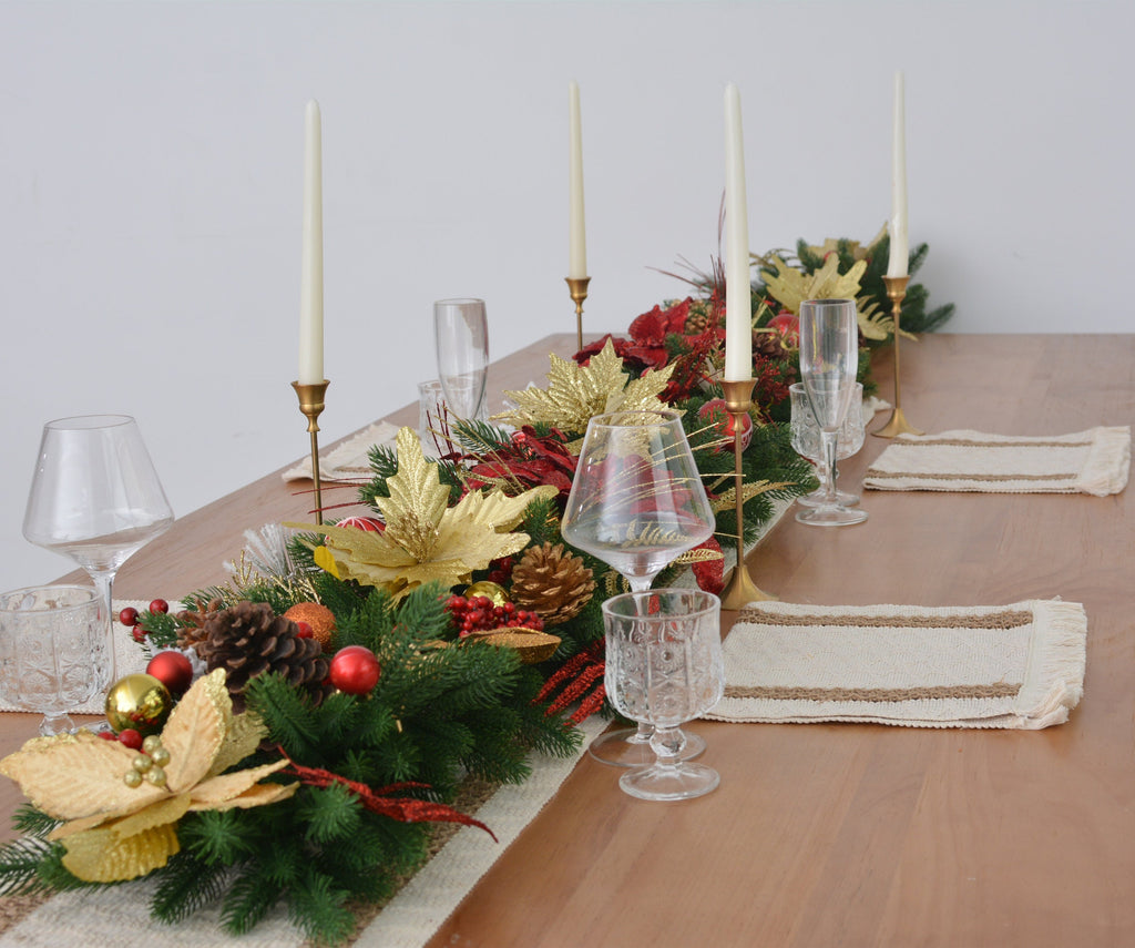 9FT Christmas Garland with Gold Poinsettias, Holly Berries, Pinecones, and Greenery,Customizable