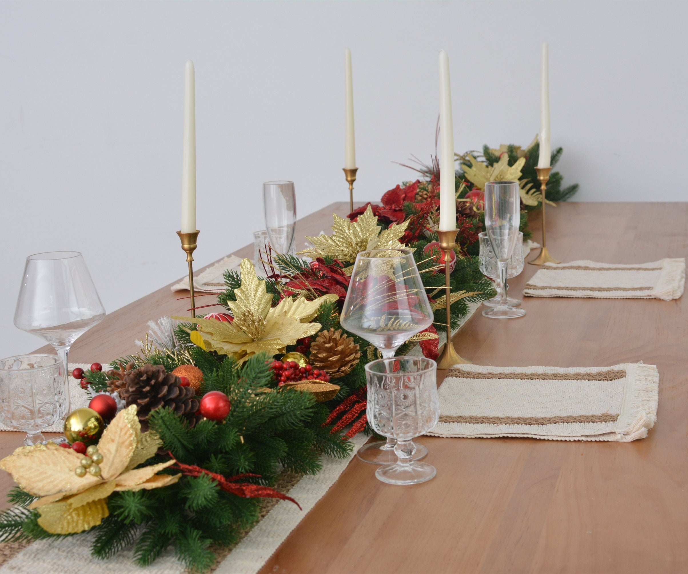 9FT Christmas Garland with Gold Poinsettias, Holly Berries, Pinecones, and Greenery,Customizable