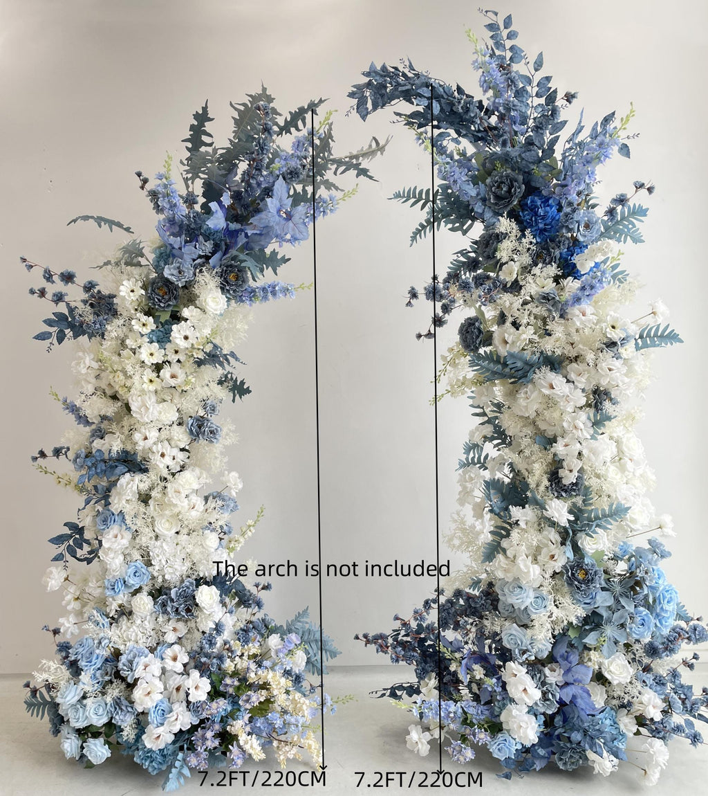 Blue and White Wedding Flower Arrangement with Greenery for Horn Arch