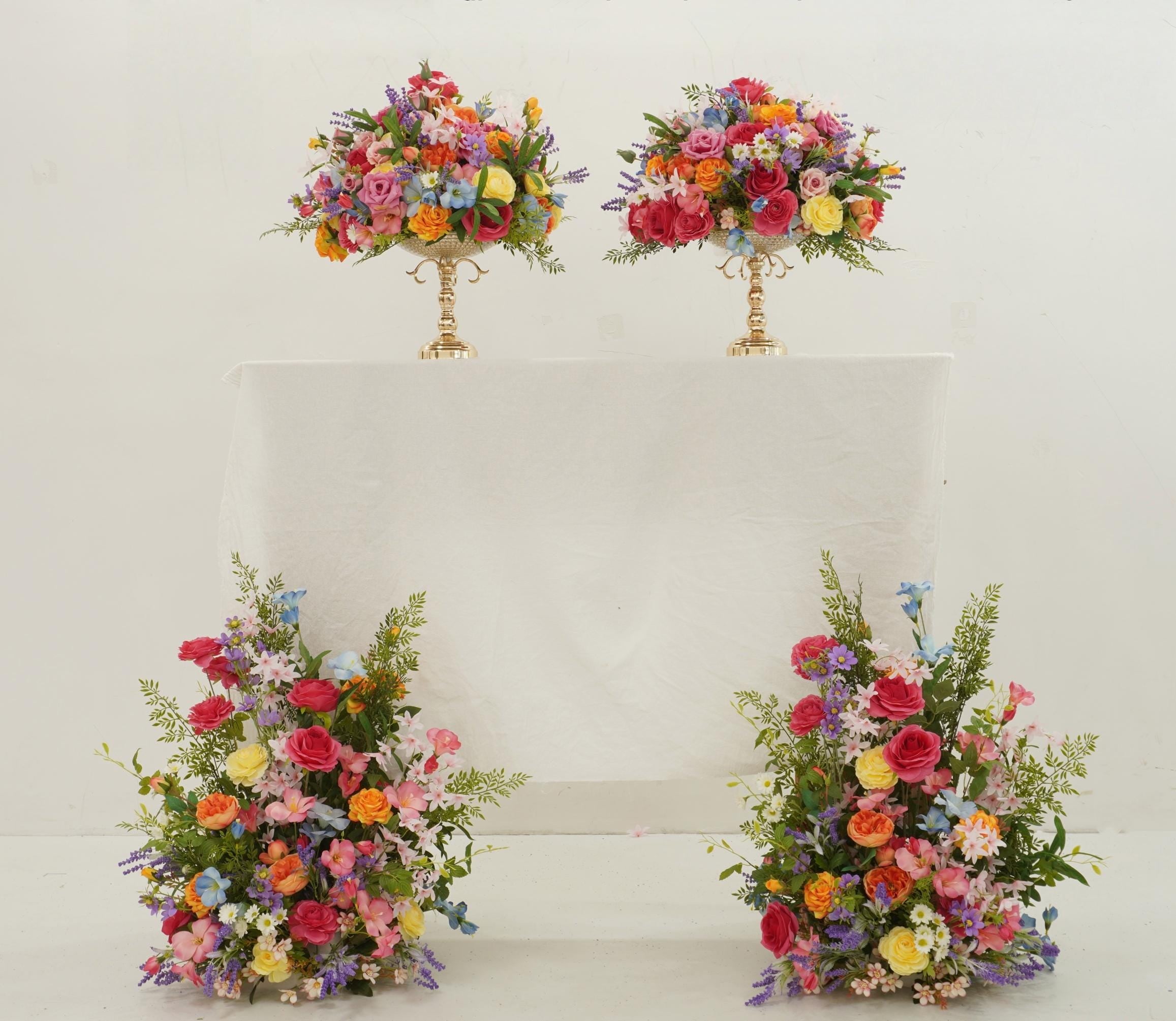 Altar and Aisle Wedding Flower Set with Fuchsia, Orange, Yellow, Blue, Lavender