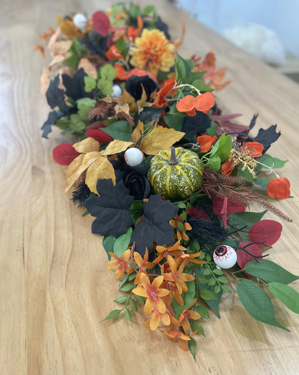 Autumn Halloween Floral Centerpiece – Orange, Burgundy, Green, Black with Pumpkins and Leaves