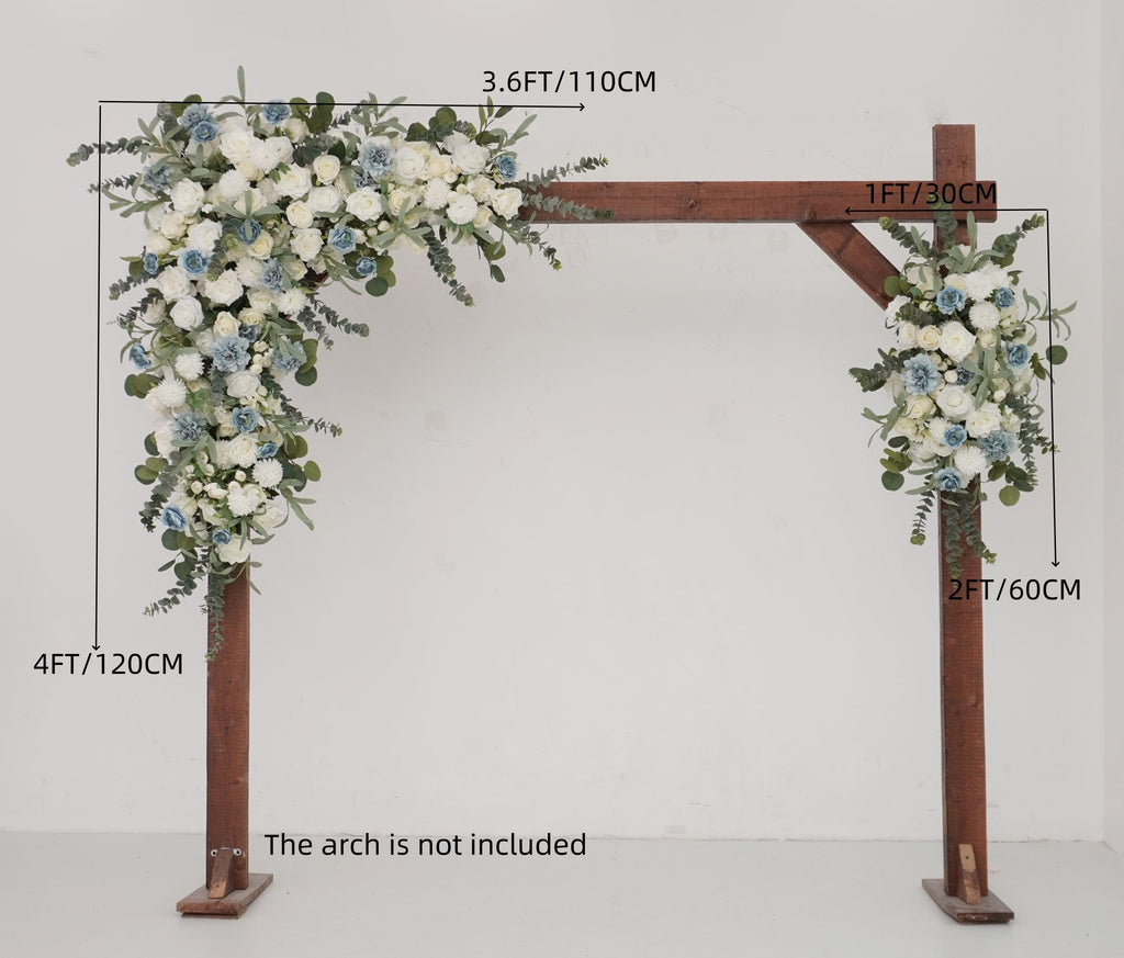 Floral Arch Arrangement for Frame and Event Backdrop Featuring White, Light Blue, and Greenery