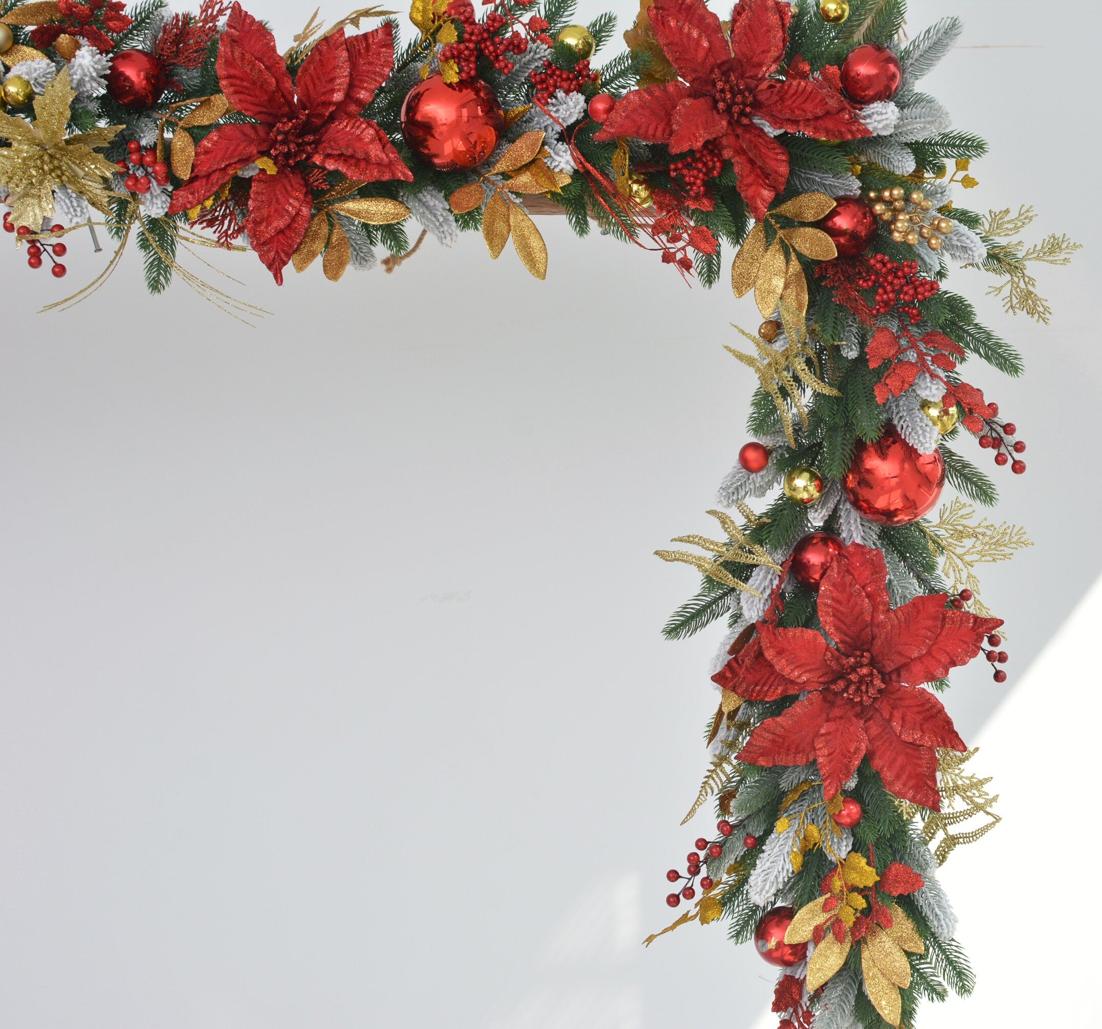 9FT Christmas Pine Garland with Red Poinsettias, Gold Leaves, Holly Berries, and Decor Balls