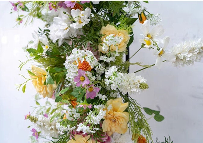 Artificial Wedding Flower Swag with Greenery, White and Yellow Flowers for Spring Summer Wedding