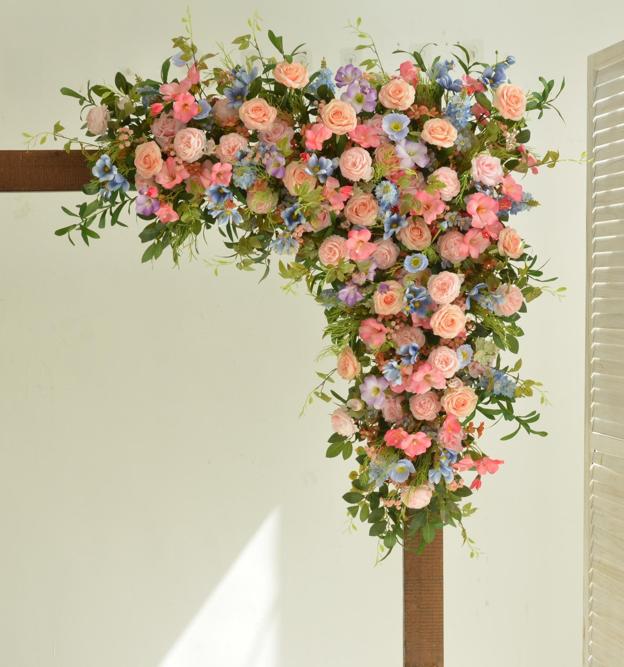 Artificial Floral Wedding Arch Ceremony Backdrop Rose Arrangement in Pink, White, and Yellow