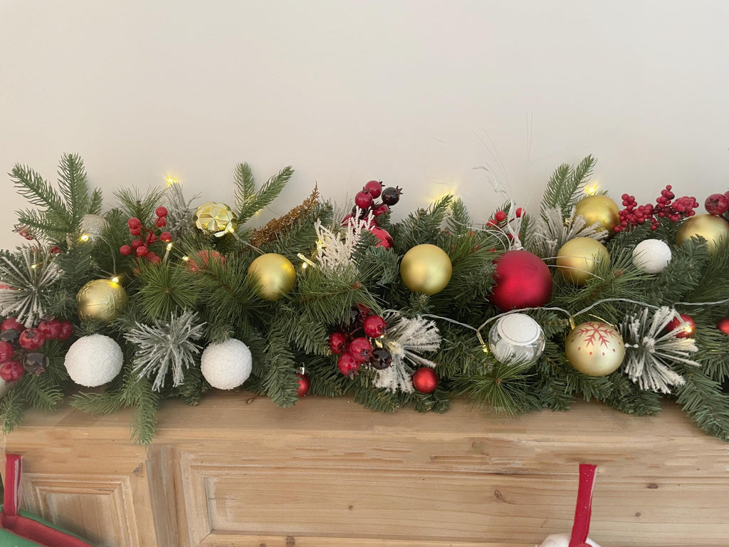 6FT Lush Christmas Mantel Garland with Red, Gold, and White Ornaments  Ideal for Mantel and Holiday Displays