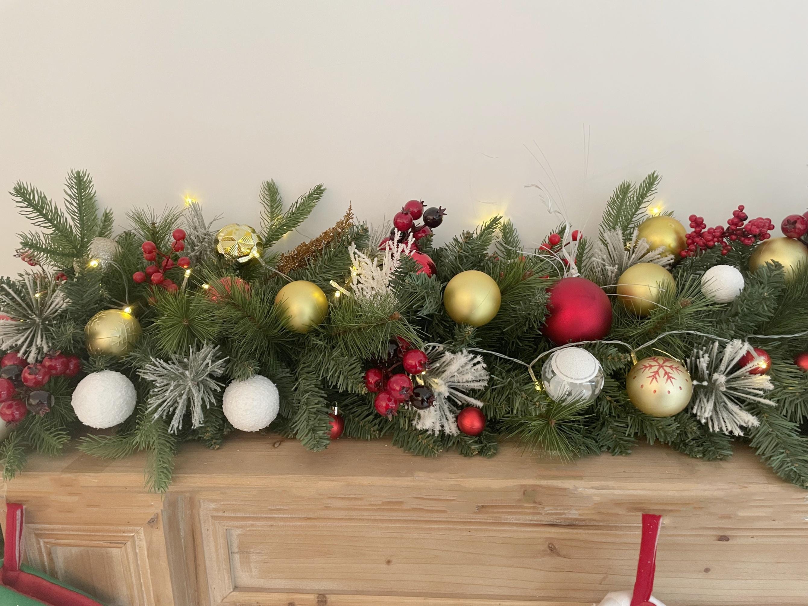 6FT Lush Christmas Mantel Garland with Red, Gold, and White Ornaments  Ideal for Mantel and Holiday Displays