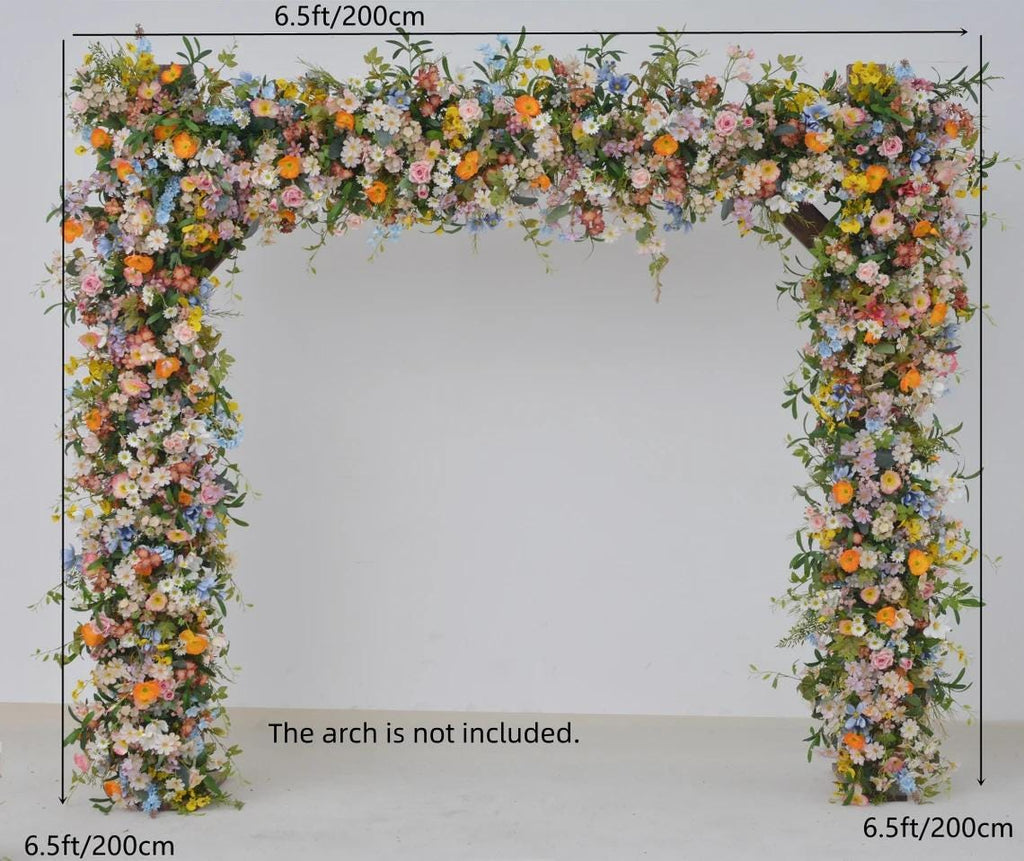 Wildflower Wedding Arbor Arrangements in Pastel Palette with a Splash of Orange and Light Blue