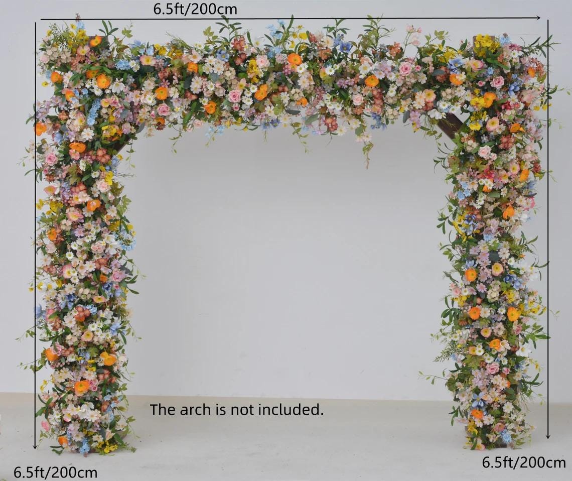 Wildflower Wedding Arbor Arrangements in Pastel Palette with a Splash of Orange and Light Blue