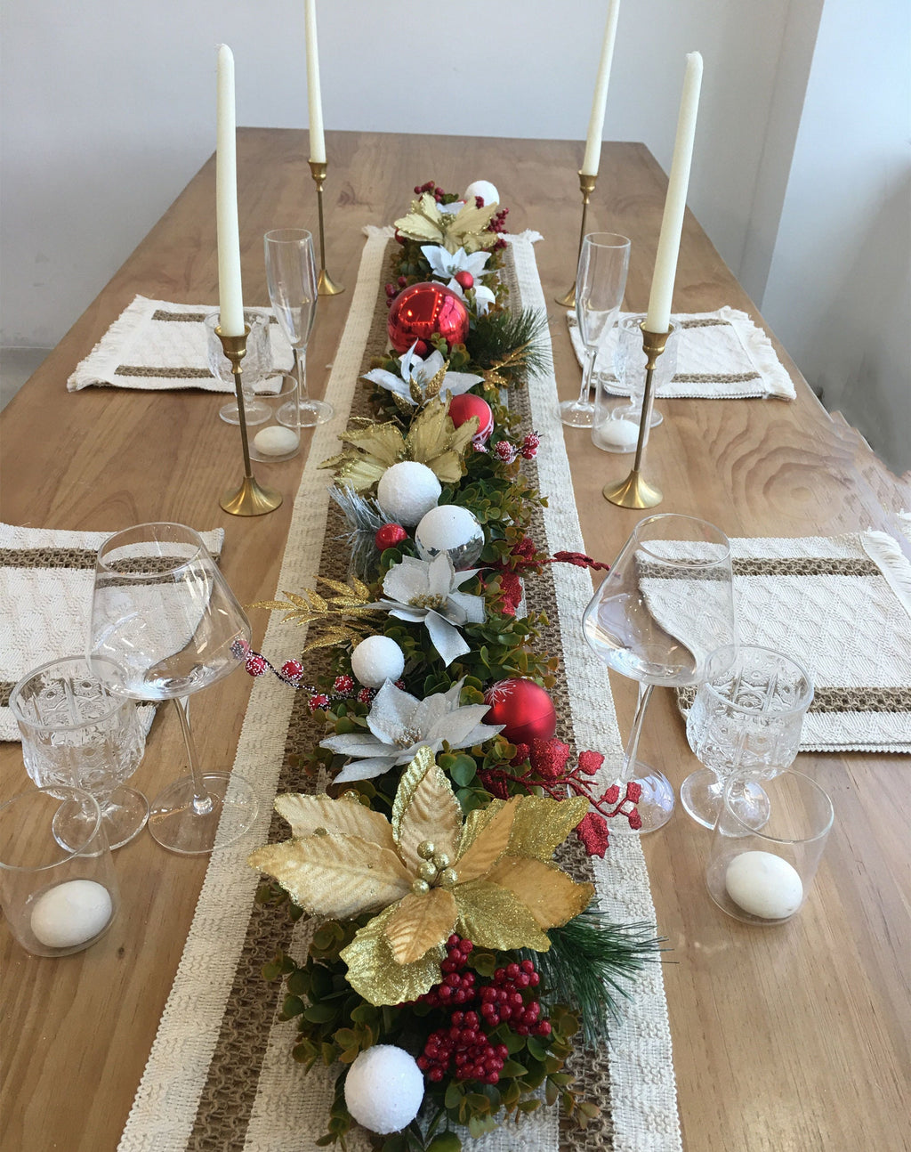 6FT Christmas Garland with Gold Poinsettias, Red Balls, Snow Balls, and Berries