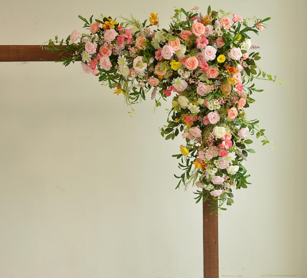 Artificial Floral Wedding Arch Ceremony Backdrop Rose Arrangement in Pink, White, and Yellow