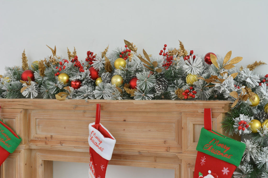 9FT Festive Christmas Garland with Gold, Red, and Green Decorations Holiday Mantel Garland for Fireplace or Doorway