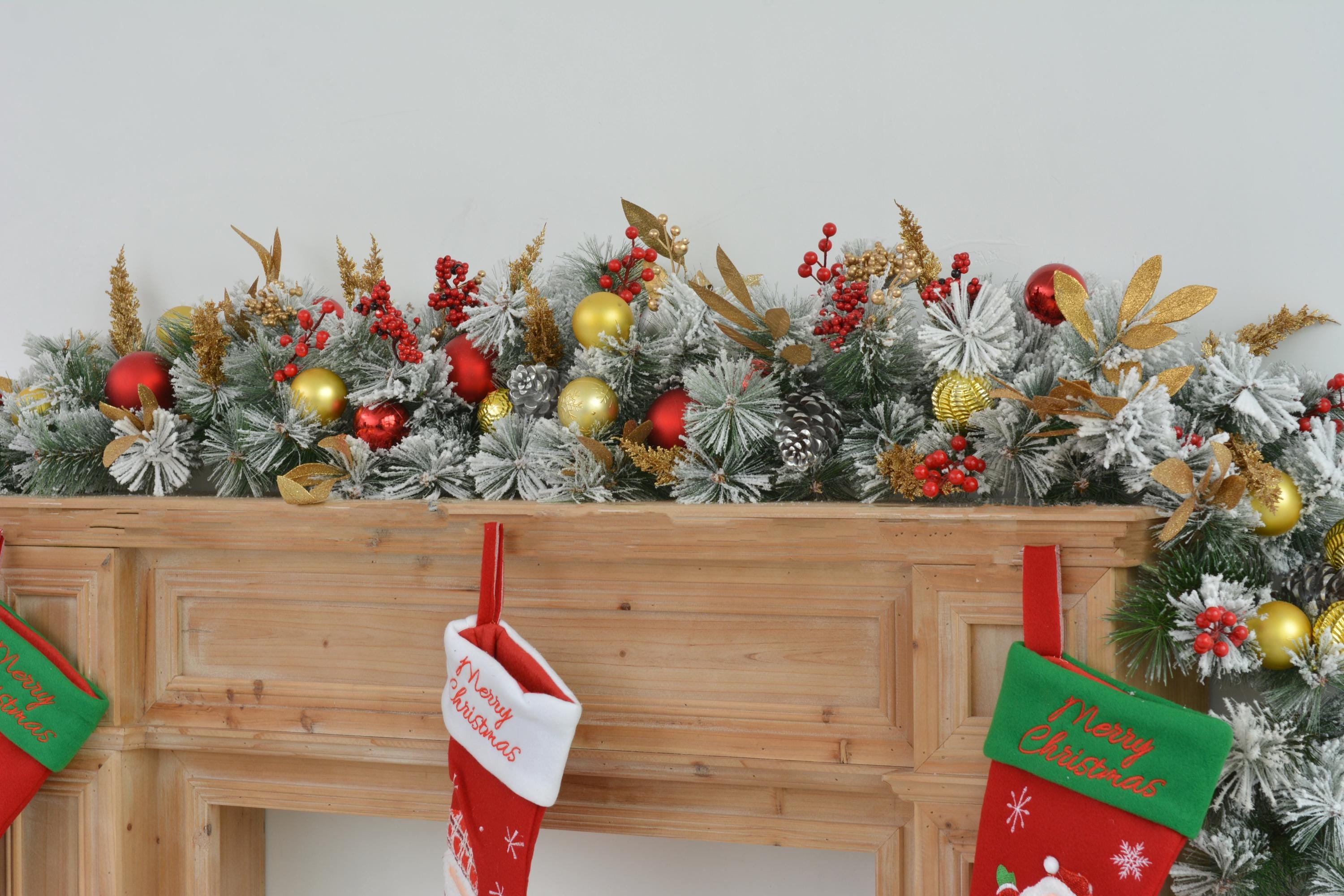 9FT Festive Christmas Garland with Gold, Red, and Green Decorations Holiday Mantel Garland for Fireplace or Doorway