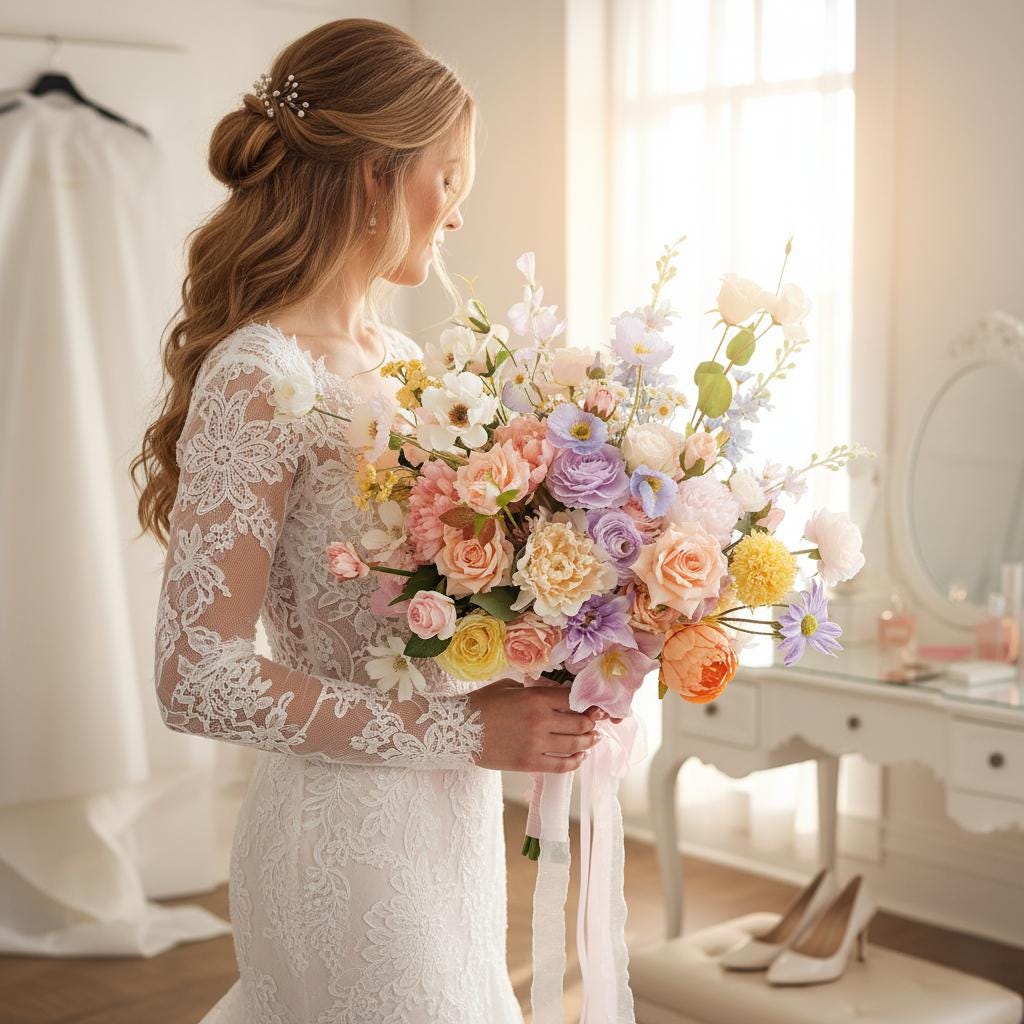 Bridal Bouquet with Mixed Garden Flowers Faux Wedding Bouquet in Pastel Peach, Lavender & Yellow