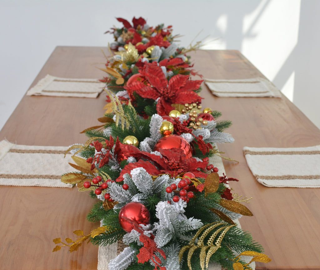 9FT Christmas Pine Garland with Red Poinsettias, Gold Leaves, Holly Berries, and Decor Balls