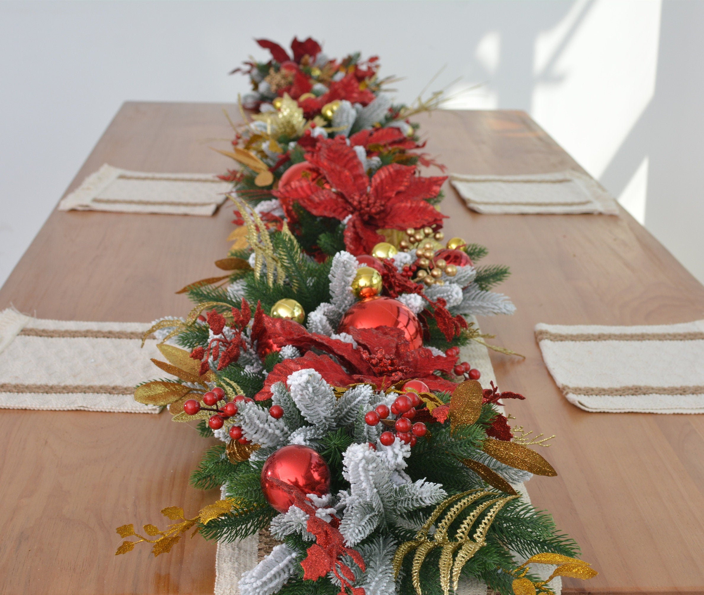 9FT Christmas Pine Garland with Red Poinsettias, Gold Leaves, Holly Berries, and Decor Balls