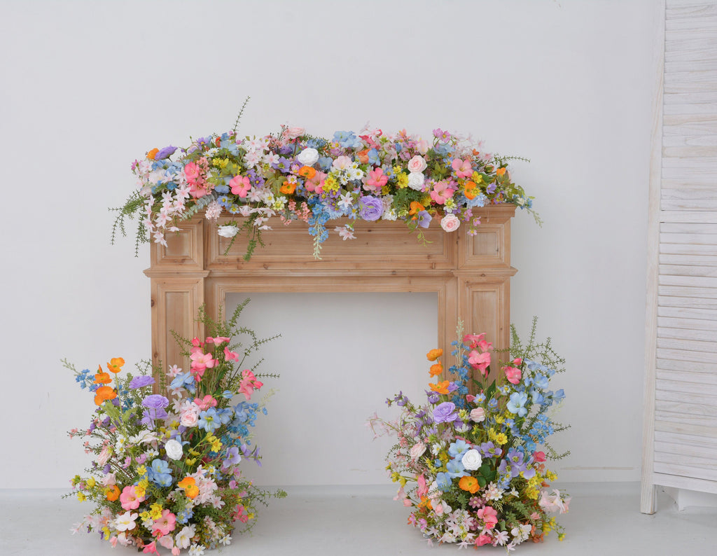 Pastel Wildflower Mantel & Floor Arrangement: Soft Pink, Peach, Lavender Decor