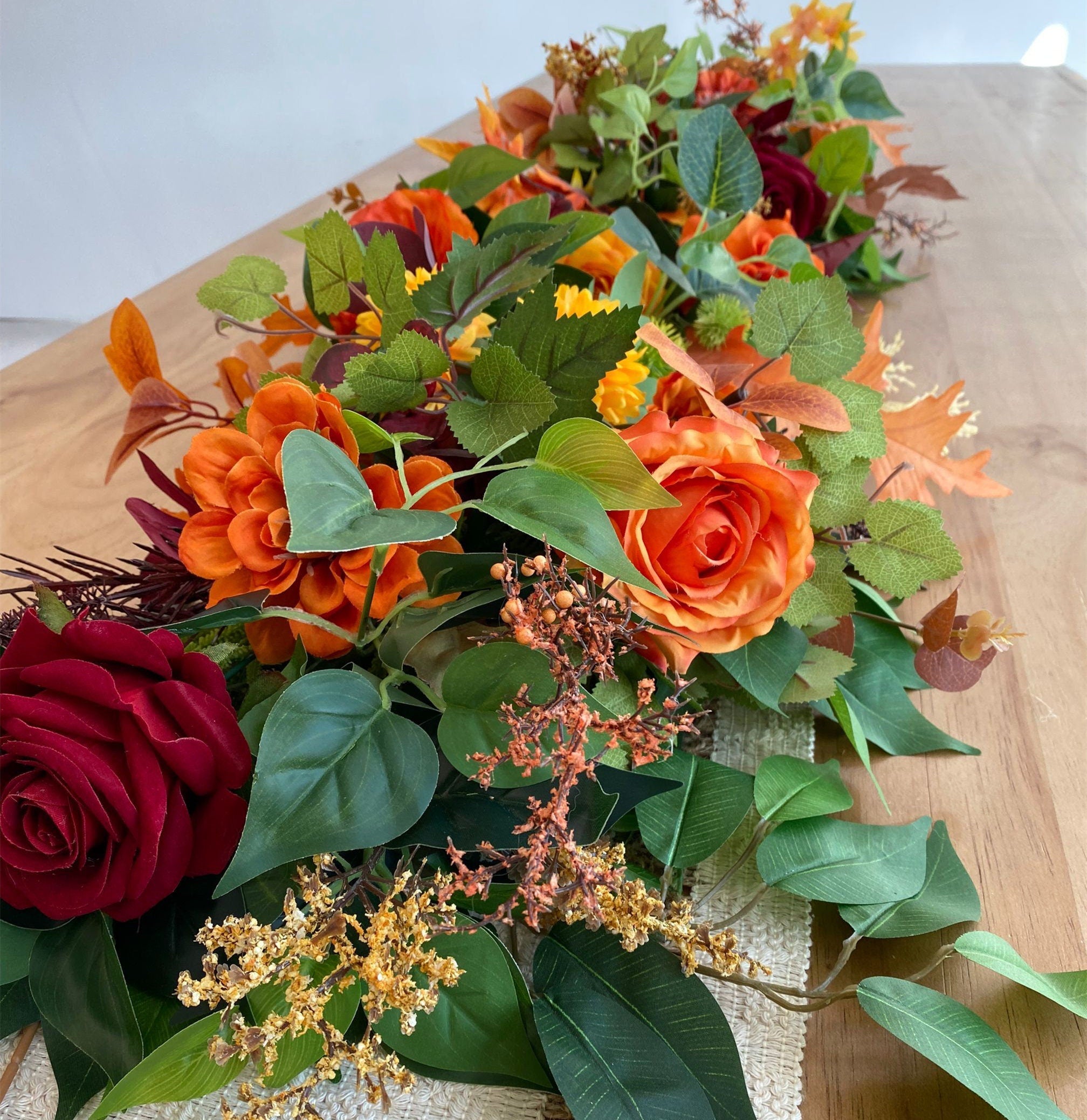 Fall Garland: Burgundy, Orange, and Yellow Thanksgiving Table Centerpiece (3.2FT)