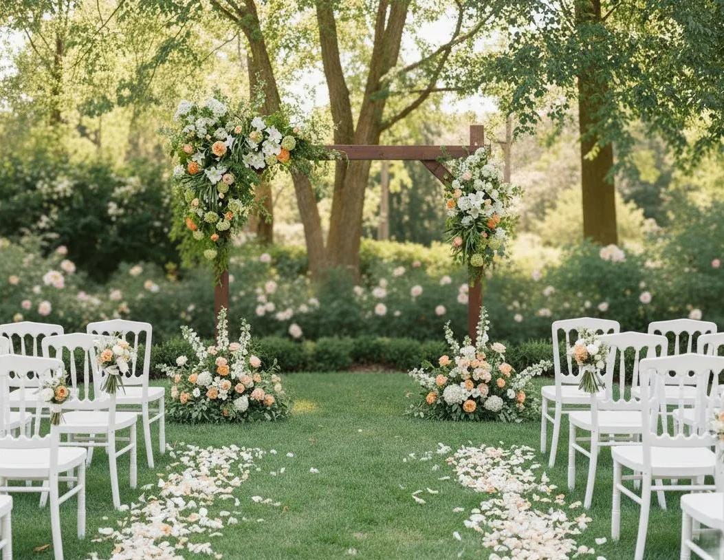 Luxurious Artificial White and Peach Floral Arrangement for Wedding Arches, Arbors, and Ceremony Backdrops