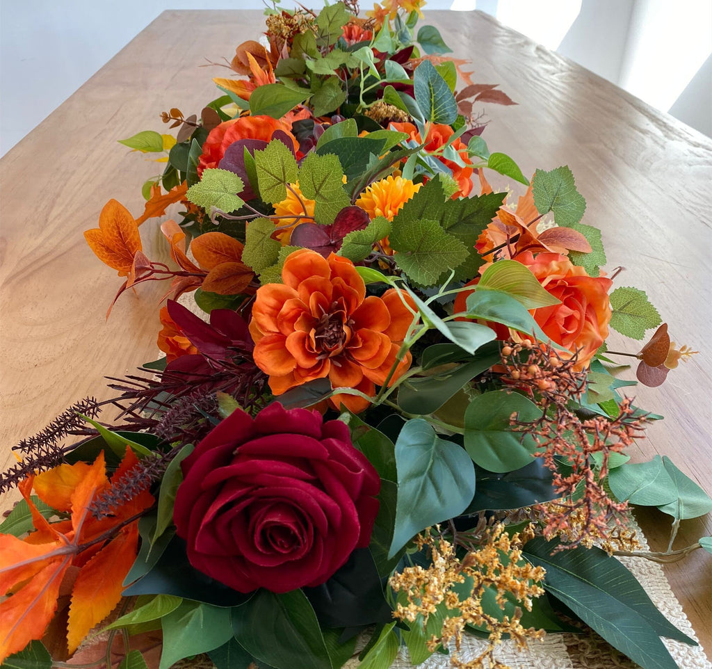 Fall Garland: Burgundy, Orange, and Yellow Thanksgiving Table Centerpiece (3.2FT)