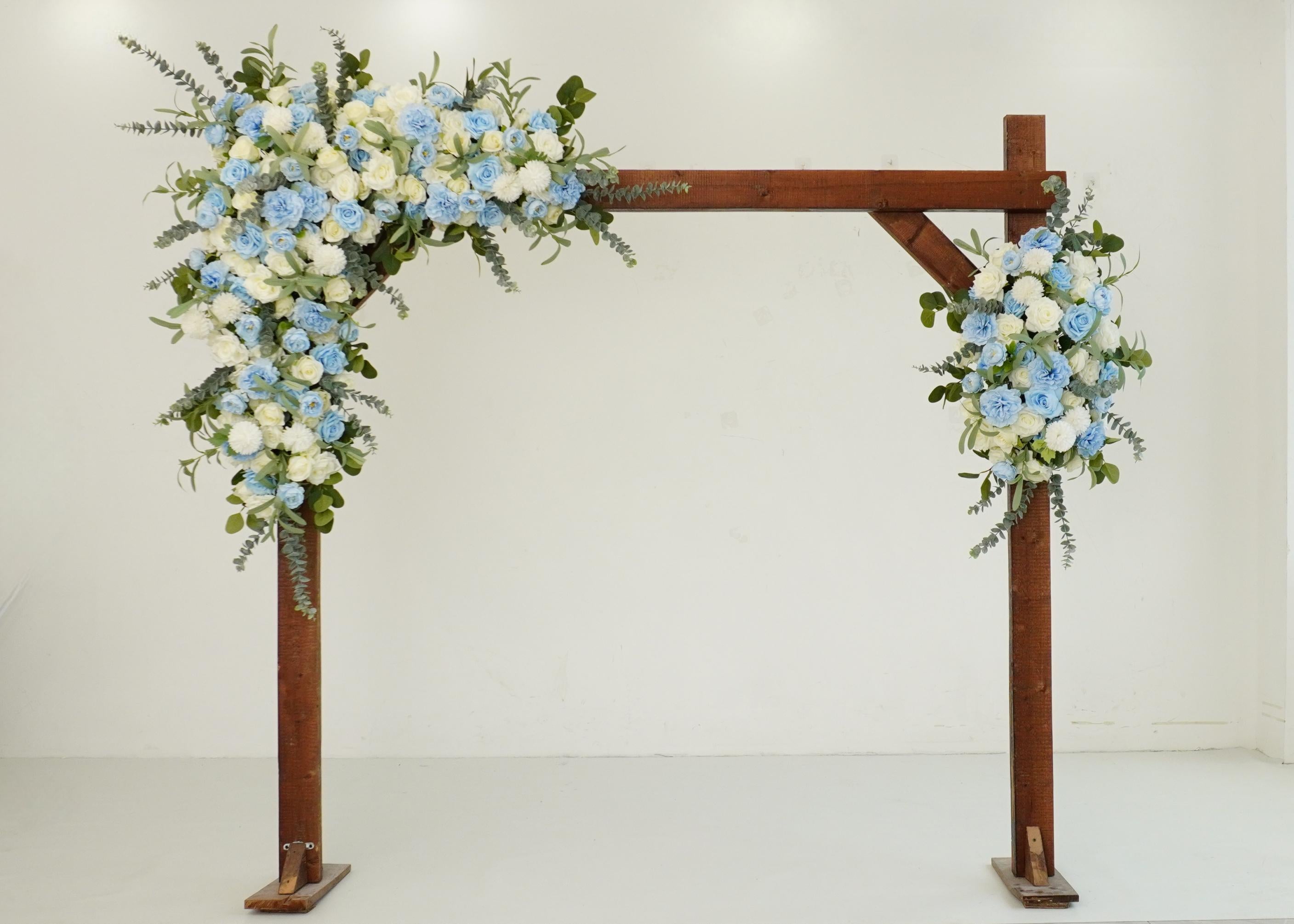 Floral Arch Arrangement for Frame and Event Backdrop Featuring White, Light Blue, and Greenery