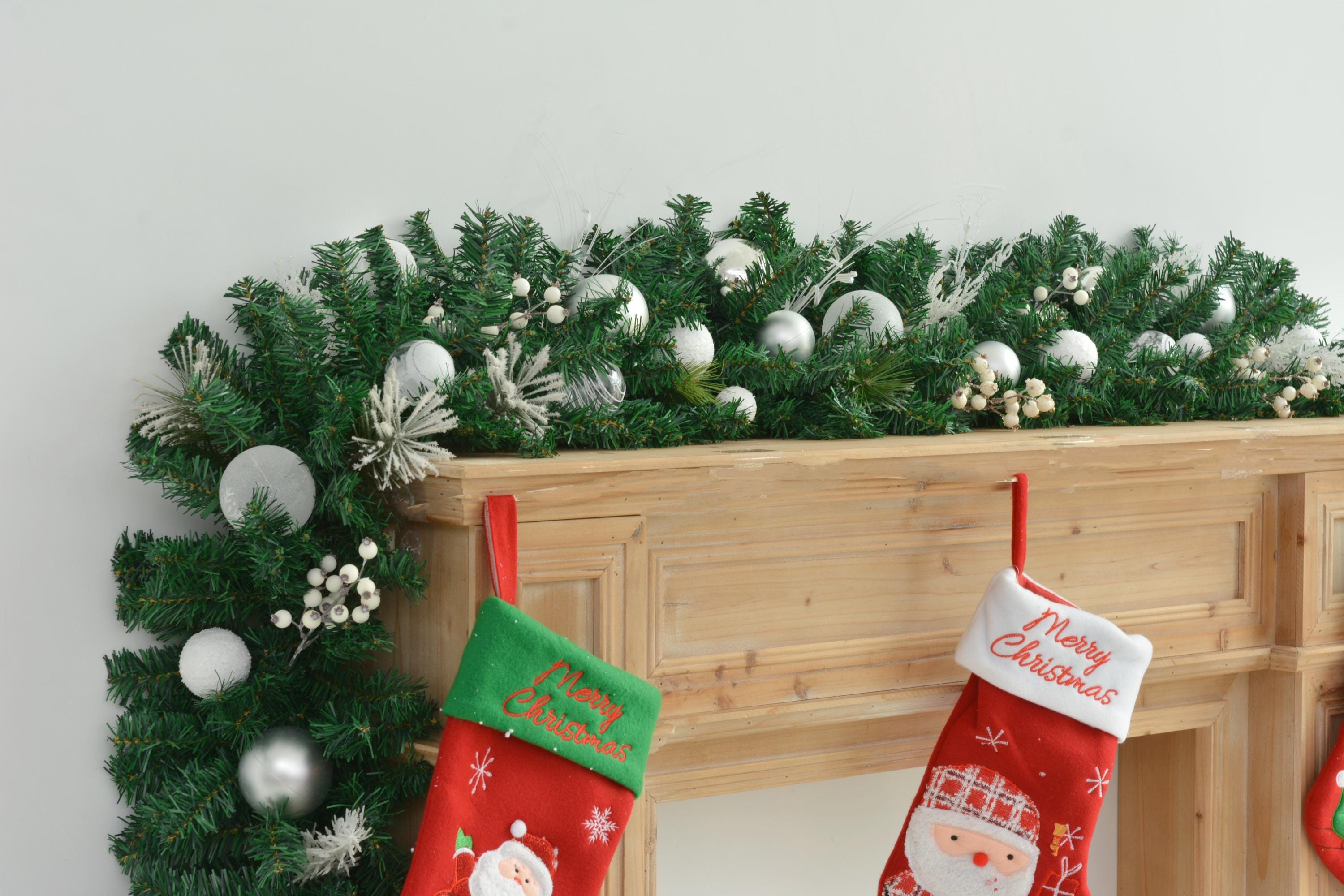 9FT Christmas Mantel Garland with Silver, White, and Frosted Accents, Holiday Fireplace Decor