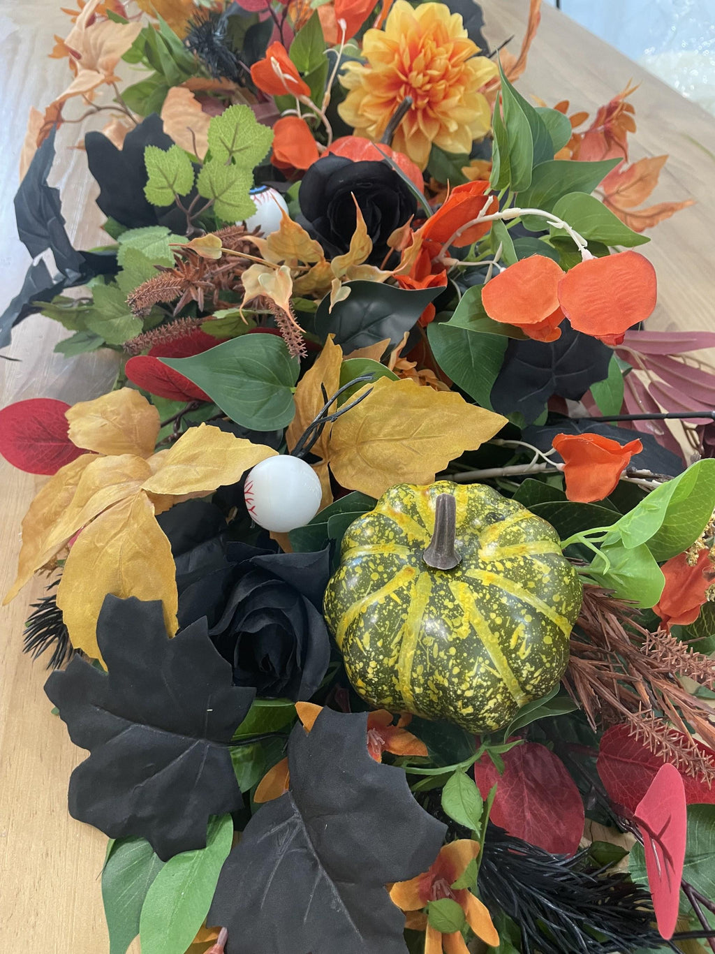 Autumn Halloween Floral Centerpiece – Orange, Burgundy, Green, Black with Pumpkins and Leaves