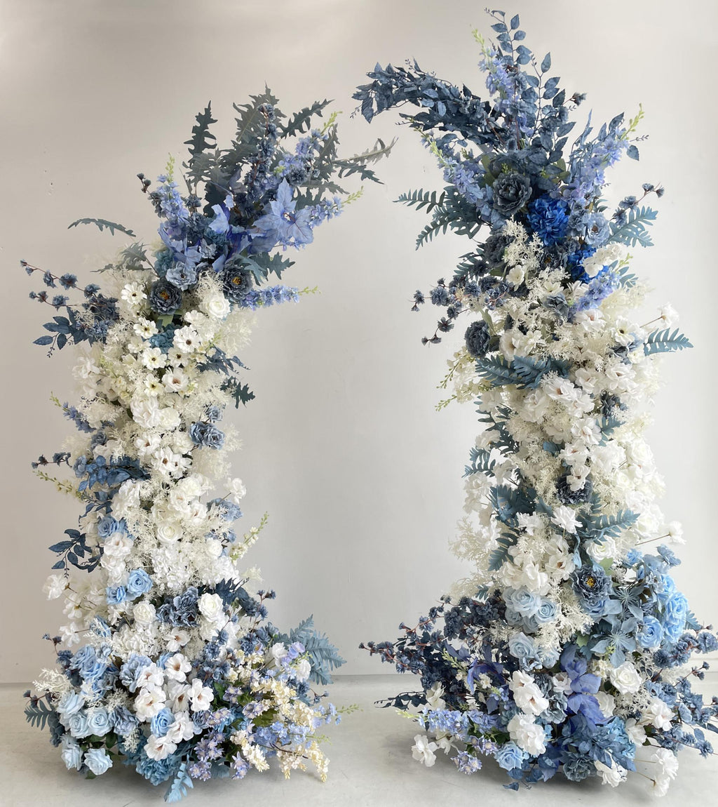 Blue and White Wedding Flower Arrangement with Greenery for Horn Arch