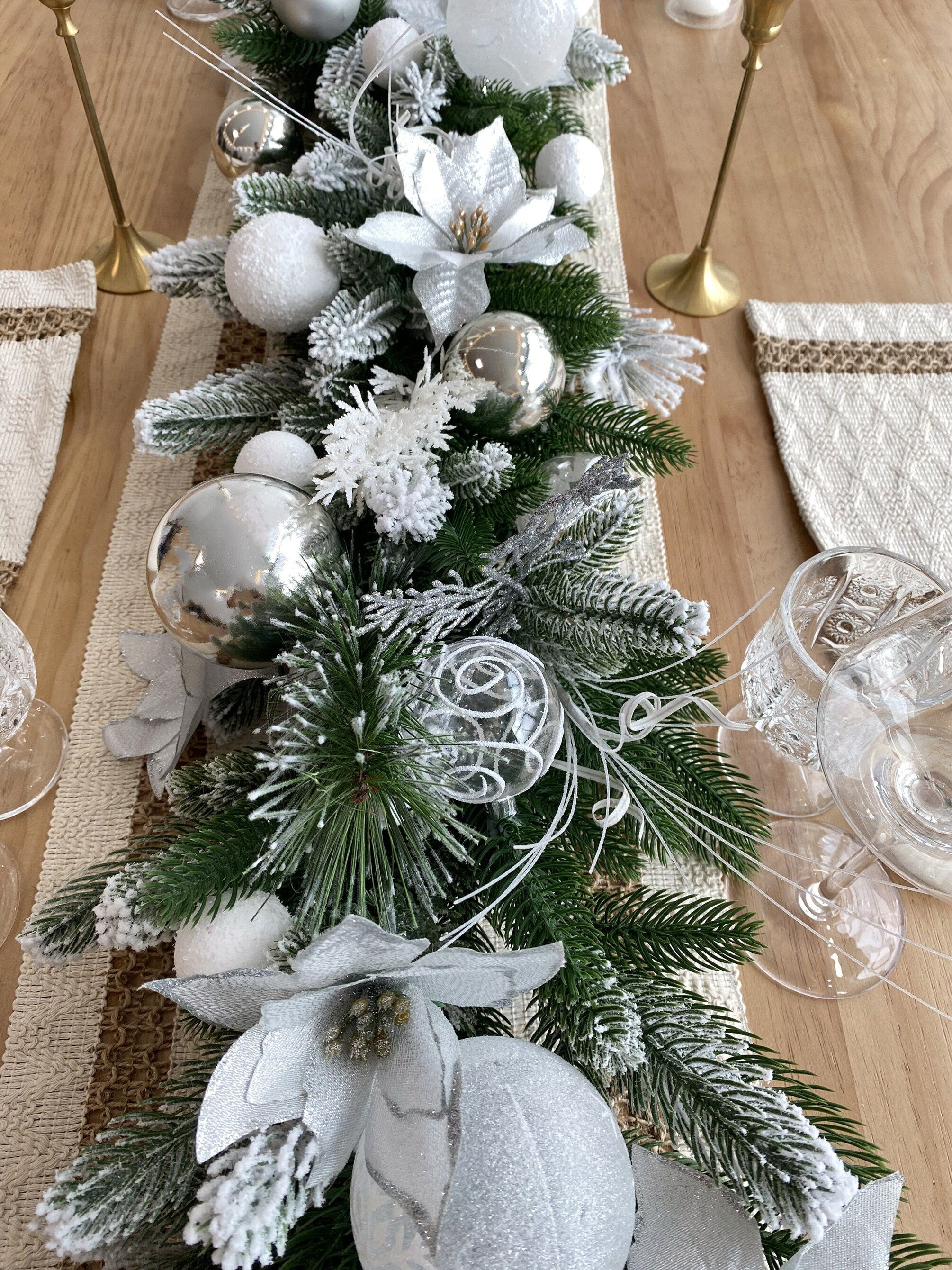 9FT Frosted Christmas Garland with Lights in Silver and White with Poinsettias,Snow Balls,Silver Balls and Leaves,Grass