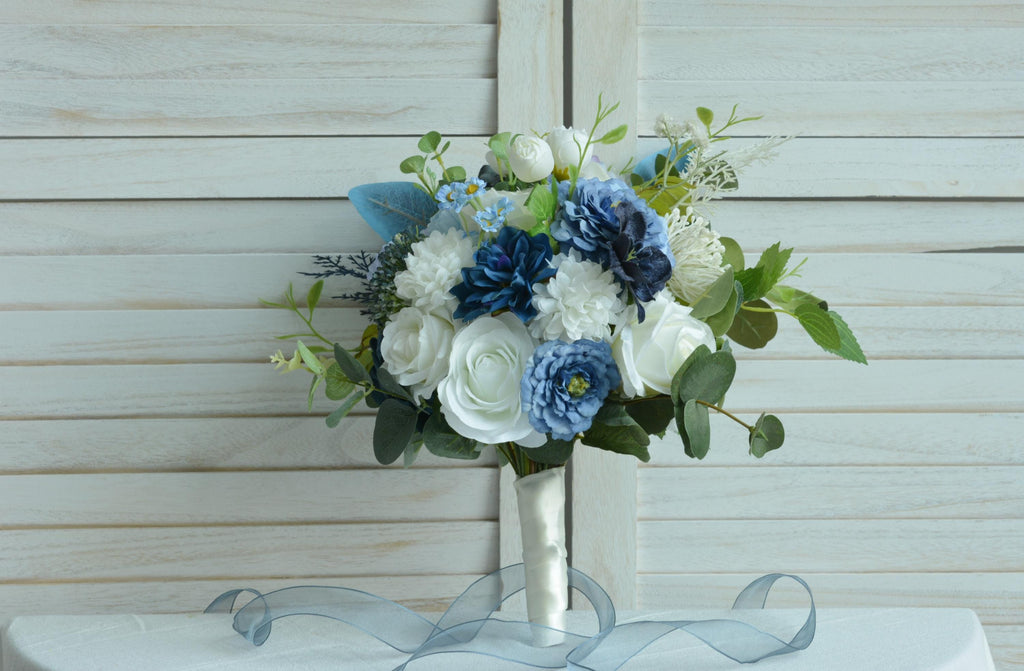 Elegant Wedding Bouquet Classic Bridal Flowers, White, Navy Blue and Blue