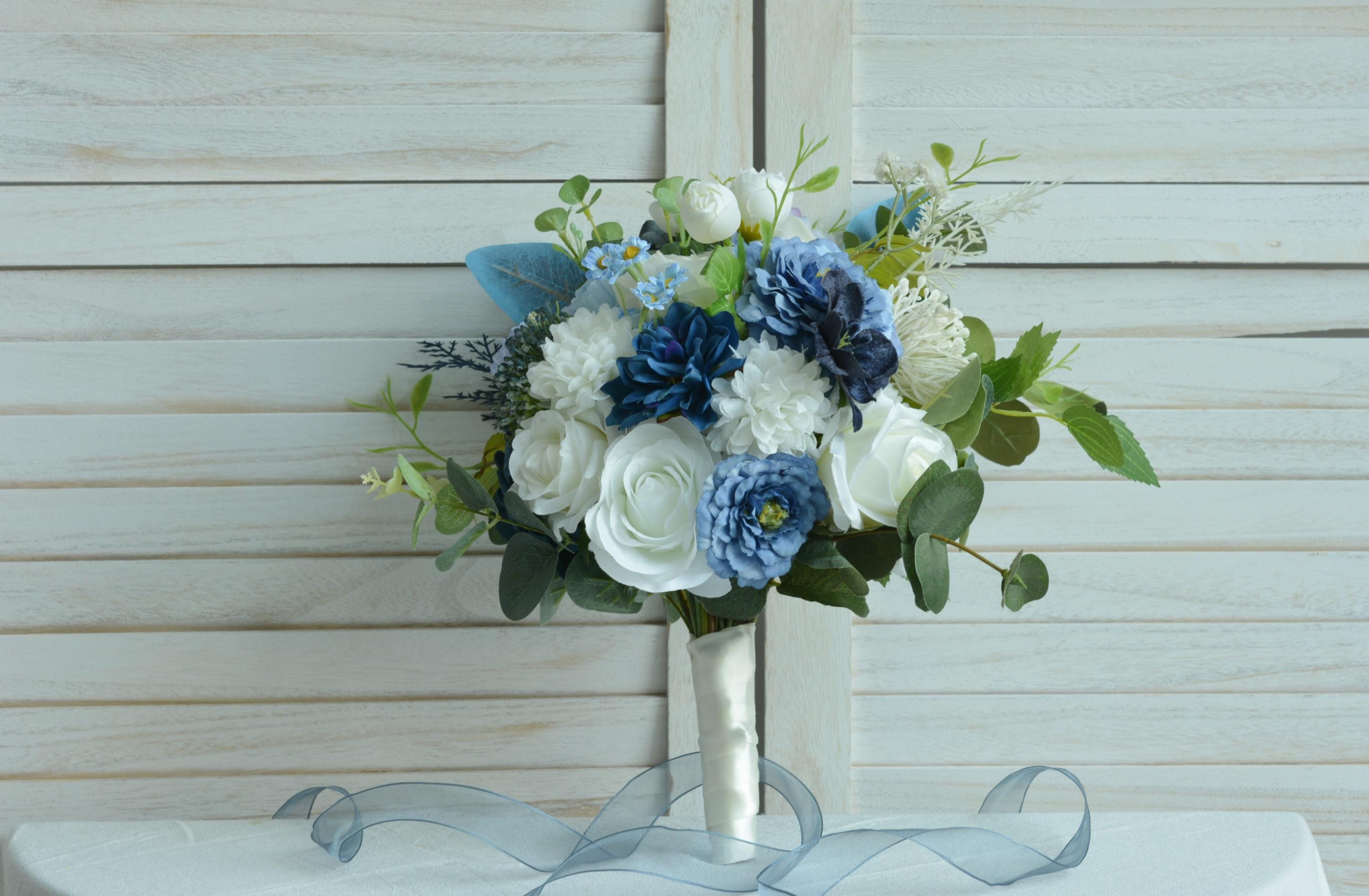 Elegant Wedding Bouquet Classic Bridal Flowers, White, Navy Blue and Blue