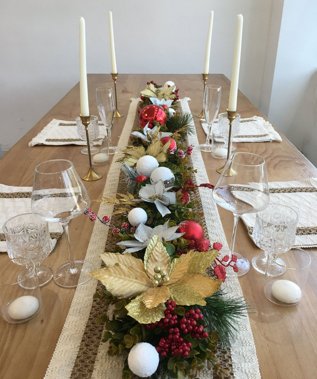 6FT Christmas Garland with Gold Poinsettias, Red Balls, Snow Balls, and Berries