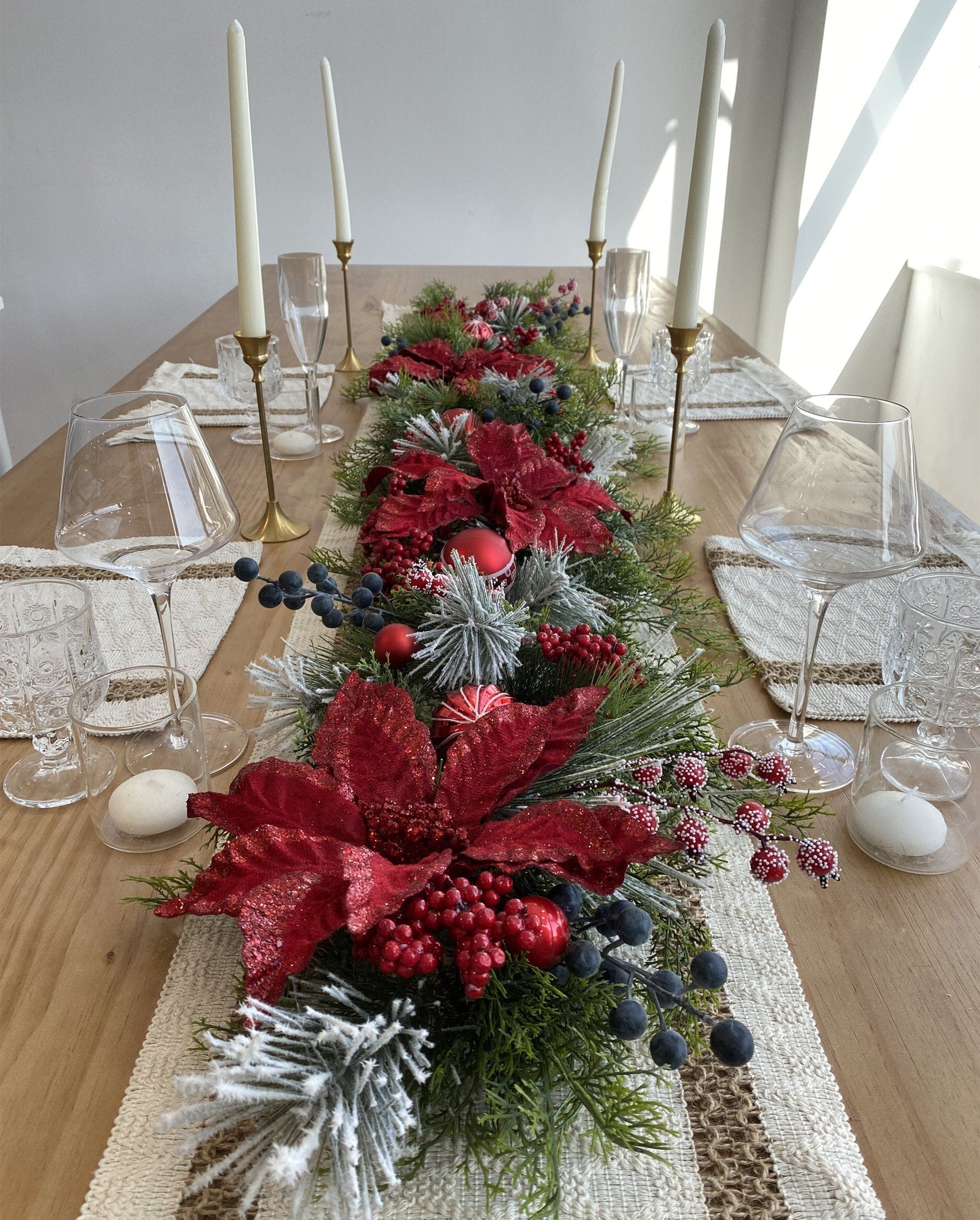 6.5FT Snow-Kissed Christmas Garland with Red Poinsettias, Red Balls, and Berries.