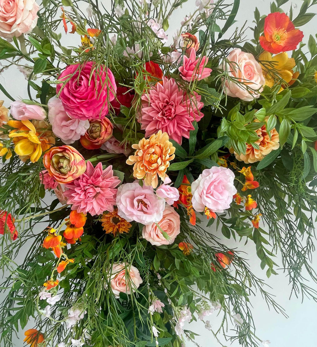 Fall Wedding Arch Arrangement: Orange, Pink Flowers & Greenery