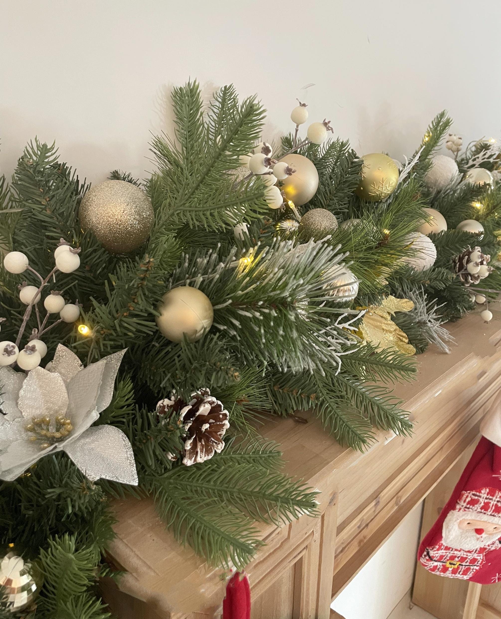 Classic 6ft Christmas Garland with Pine Cones, Ornaments, and Frosted Greenery Perfect for Fireplace Mantel Decoration