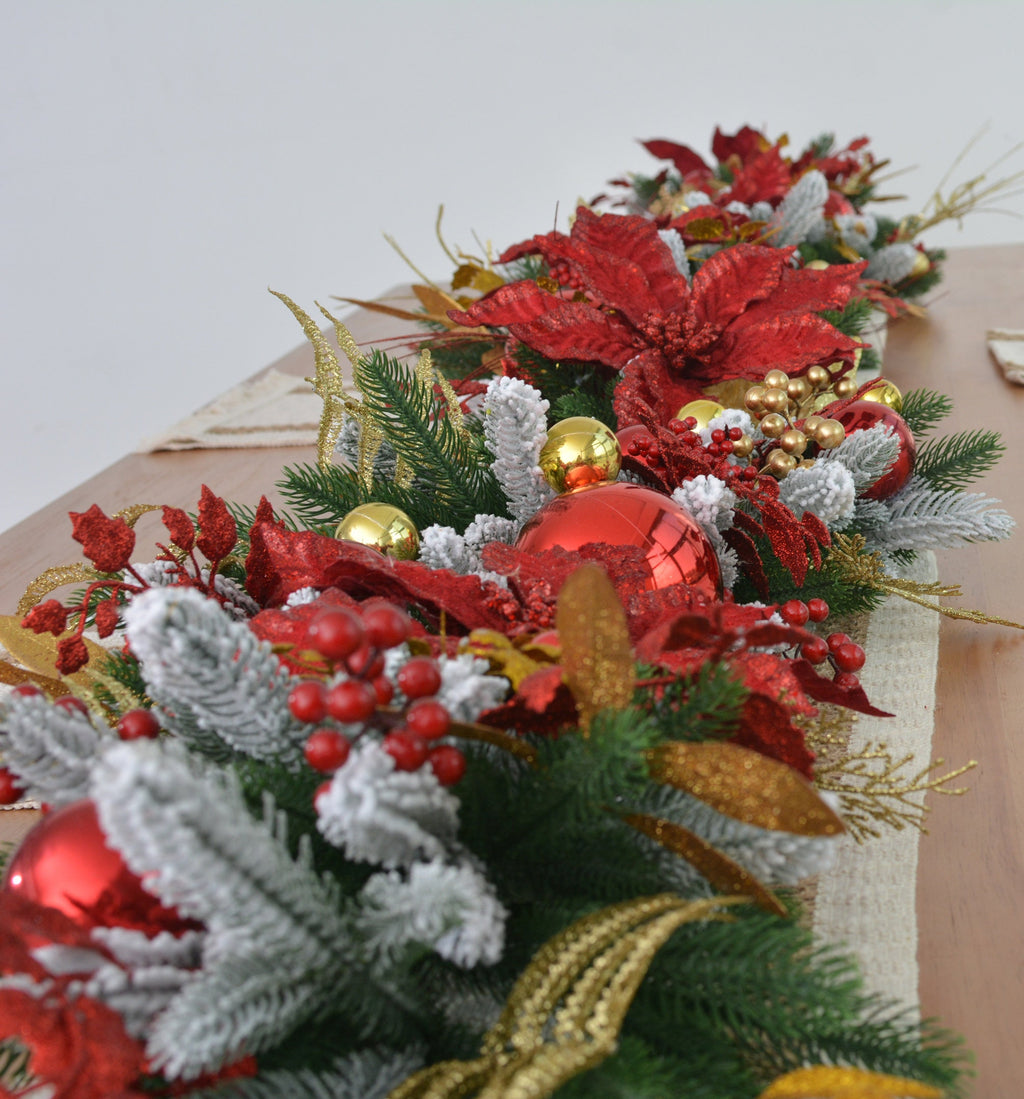9FT Christmas Pine Garland with Red Poinsettias, Gold Leaves, Holly Berries, and Decor Balls