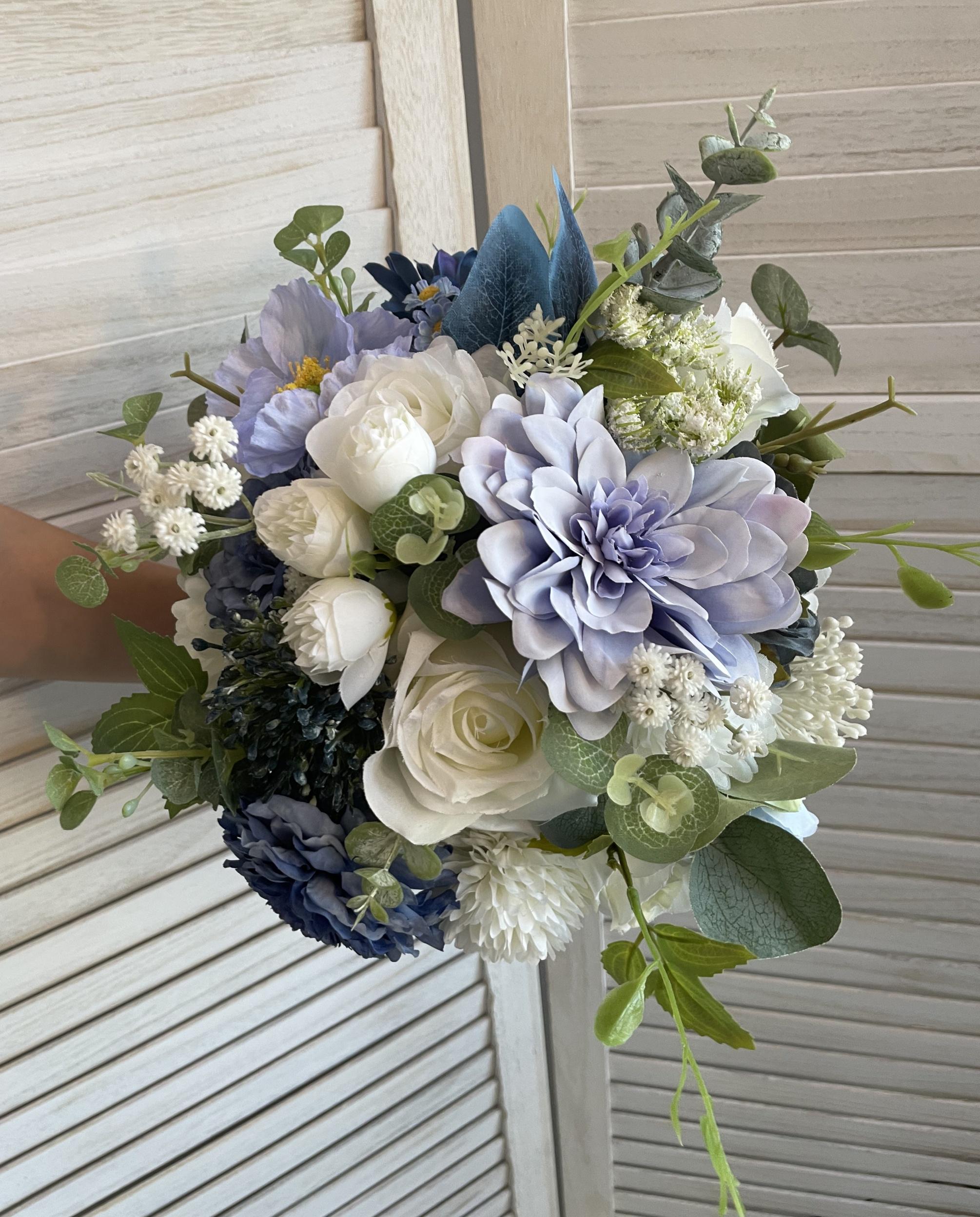 Elegant Bridal Bouquet Silk Flower Arrangement Wedding Bouquet Dusty Blue and White