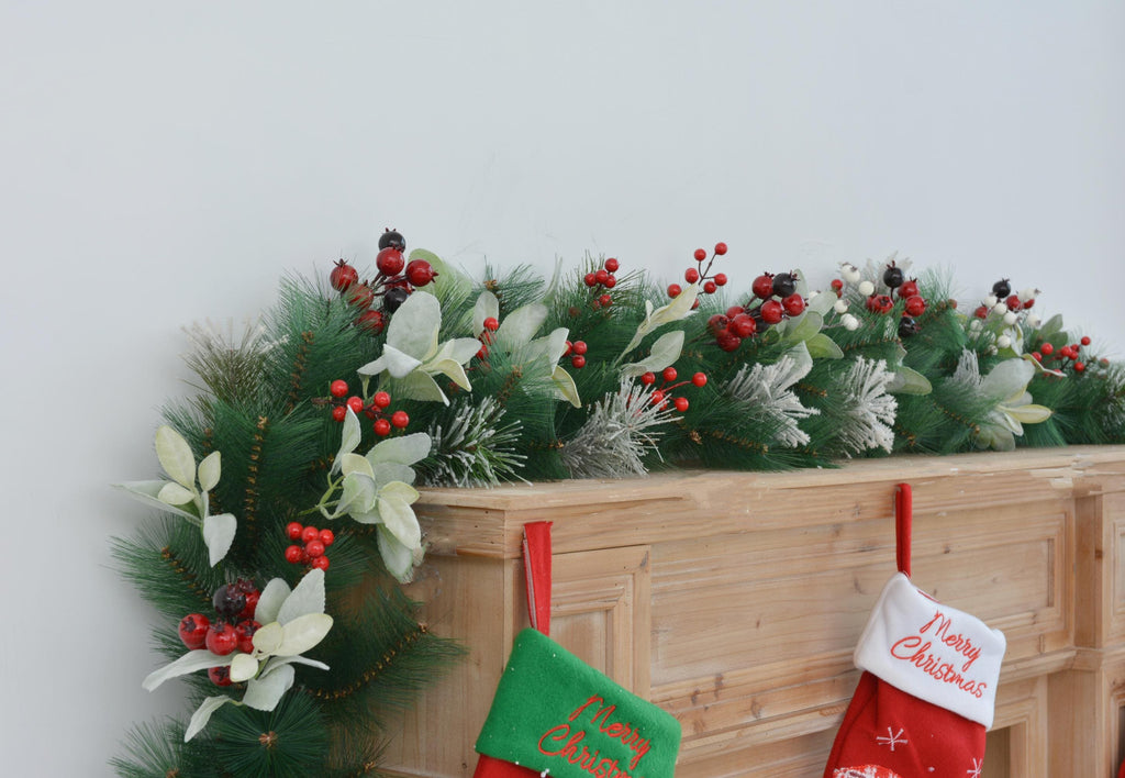 9FT Christmas Fireplace Garland with Greenery and Frosted Pine Accents, Holiday Mantel Decoration