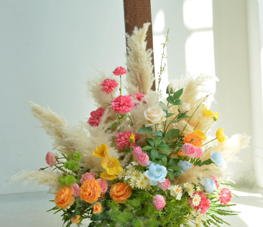 Colorful Pampas Grass Wedding Arch Flowers: Light Blue, Peach Ceremony Decor