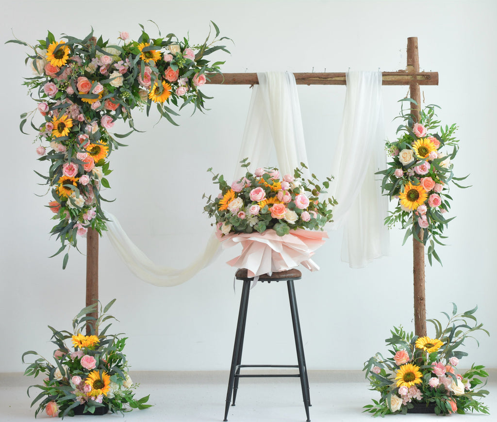 Arch Flower Arrangements with Sunflowers,Roses and Eucalyptus Wedding Flower Swag in Pink, Champagne, Ivory
