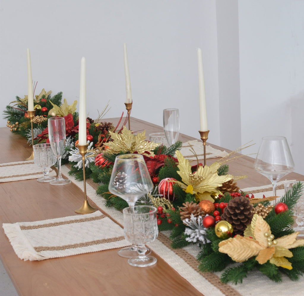 9FT Christmas Garland with Gold Poinsettias, Holly Berries, Pinecones, and Greenery,Customizable