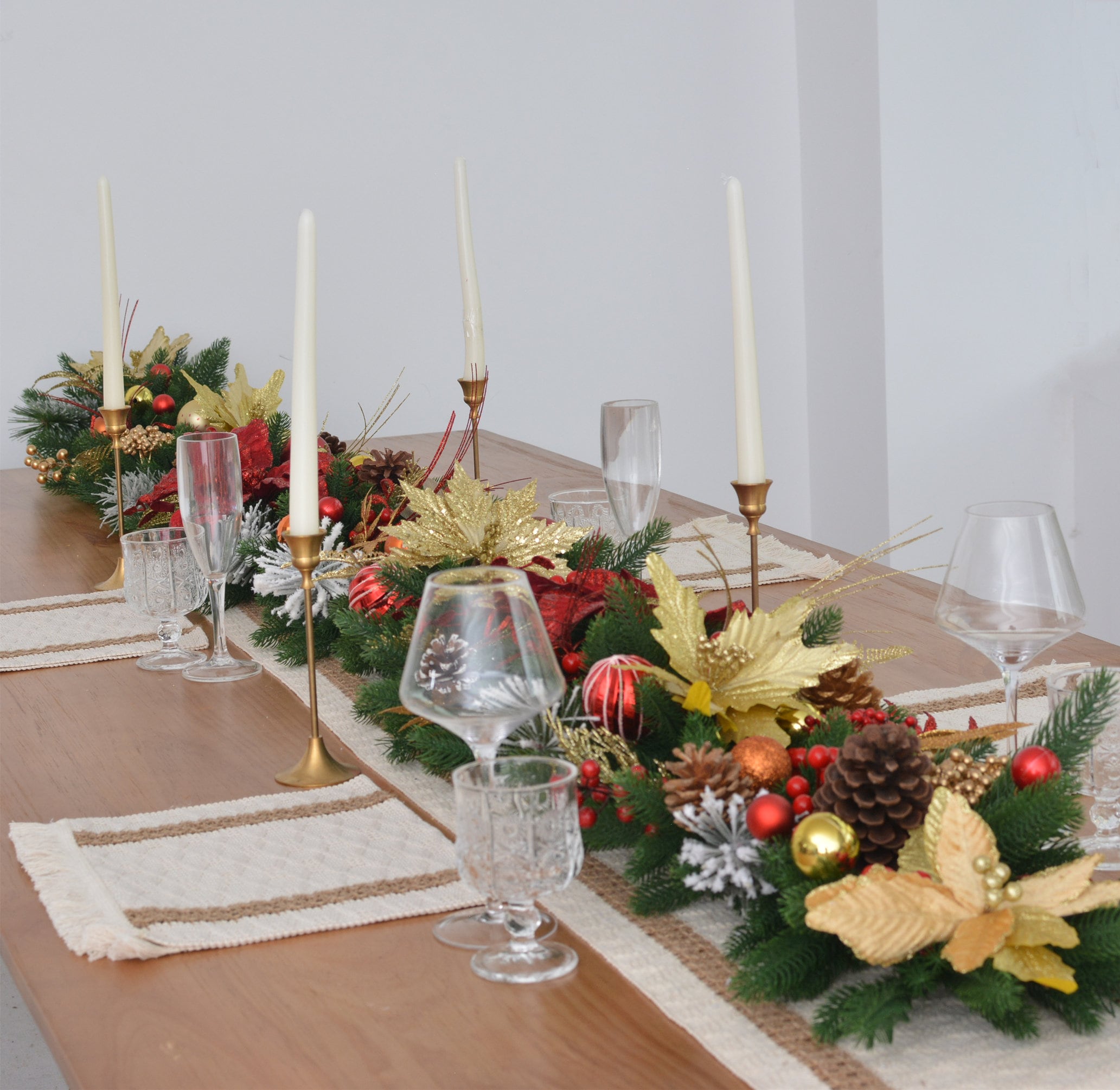 9FT Christmas Garland with Gold Poinsettias, Holly Berries, Pinecones, and Greenery,Customizable