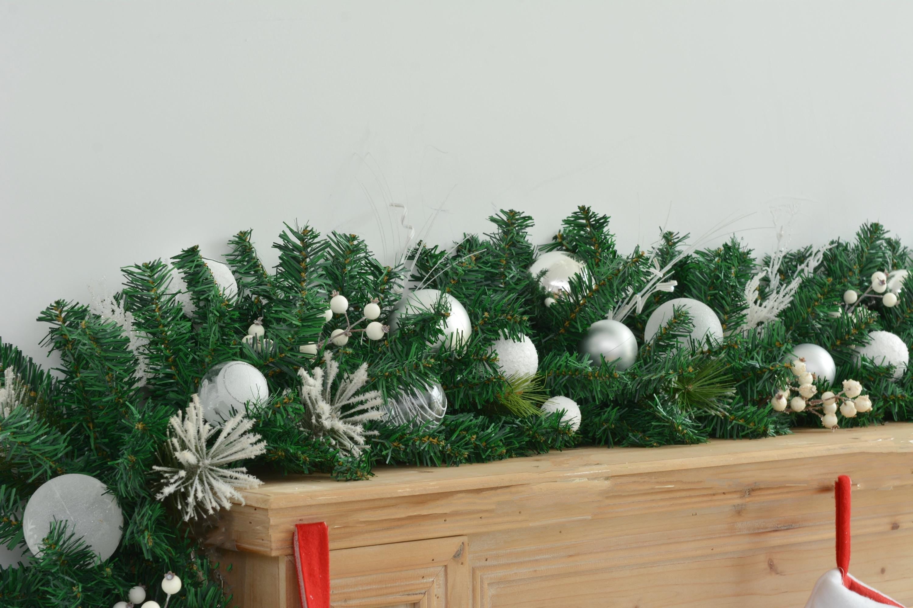 9FT Christmas Mantel Garland with Silver, White, and Frosted Accents, Holiday Fireplace Decor