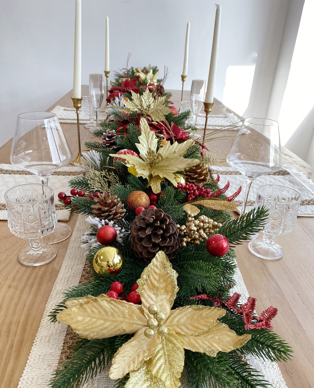 9FT Christmas Garland with Gold Poinsettias, Holly Berries, Pinecones, and Greenery,Customizable