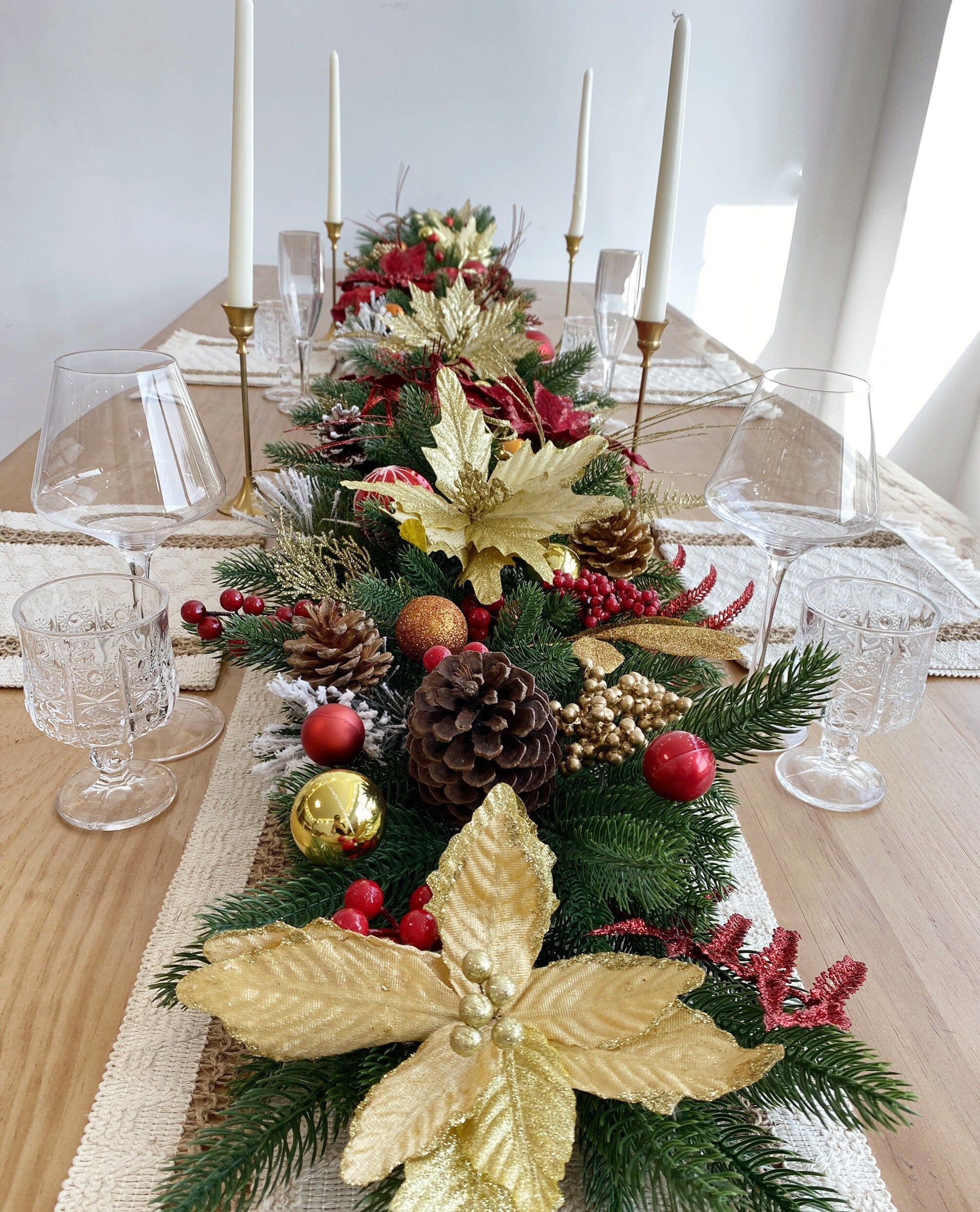 9FT Christmas Garland with Gold Poinsettias, Holly Berries, Pinecones, and Greenery,Customizable